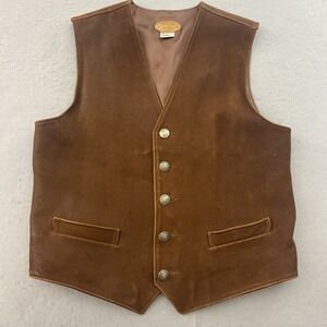 Golden Bear Men's Large Brown Leather Vest 5 Buffalo Button Made In USA Vintage